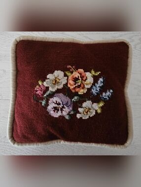 Vintage Needlepoint Pillow Floral Dark Red/Burgundy 10"x11"